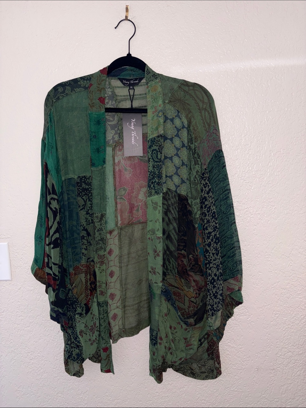#YT208- NWT- Young Threads Green Boho Patchwork Open-Front Kimono Cardigan- XL